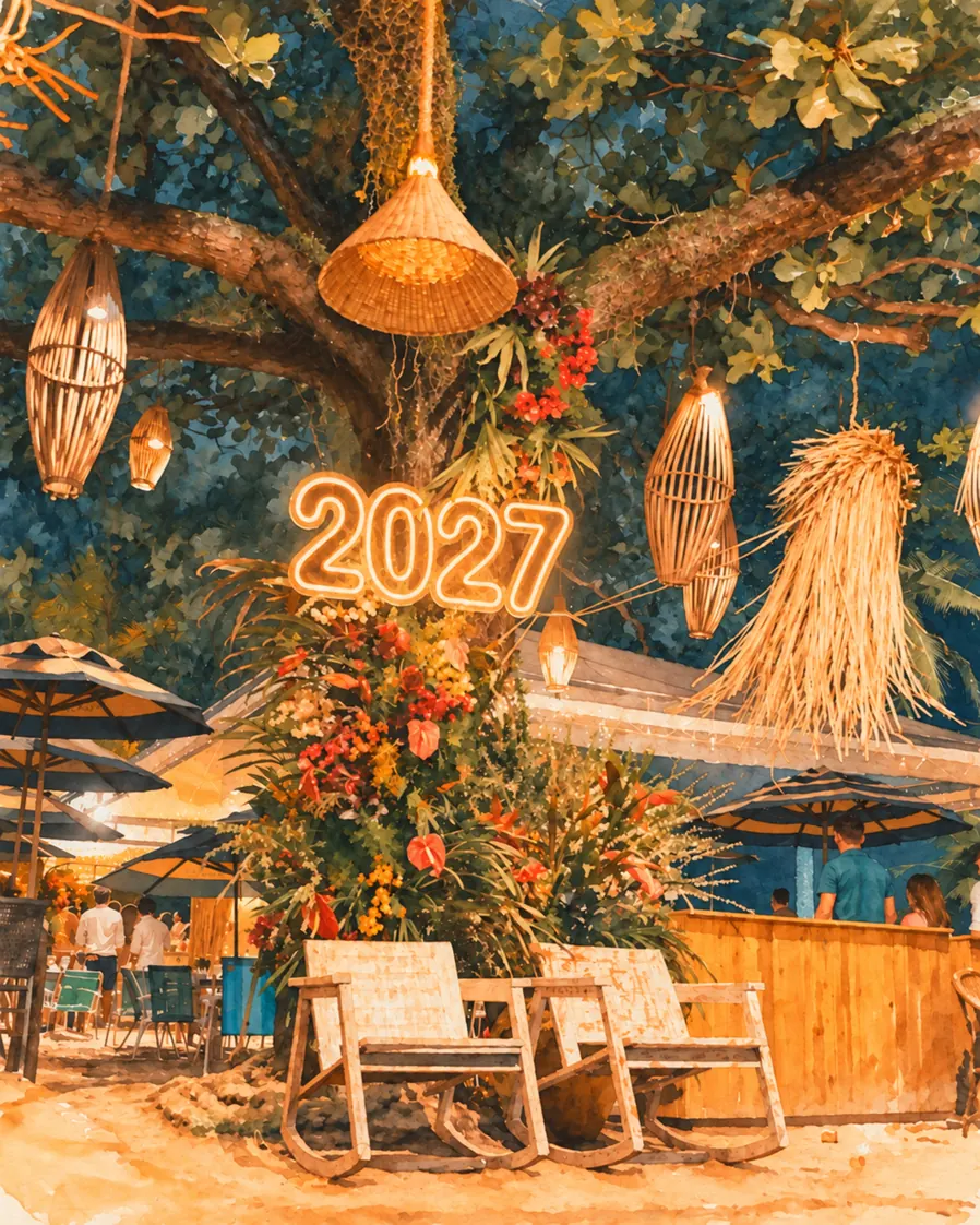 Imagem do PDF do Clericot: luminárias de palha, letreiro 2027, arranjo tropical, cadeiras e pessoas sobre a areia.